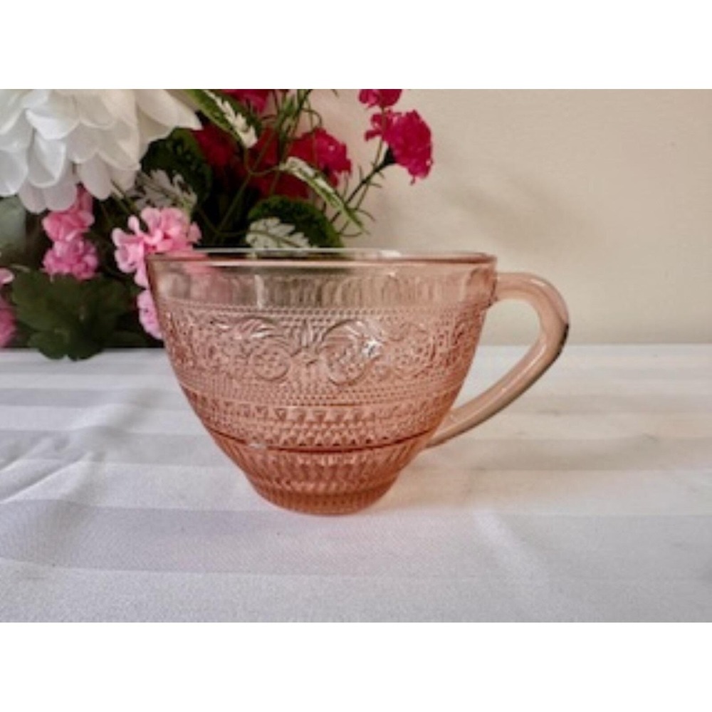 KIG Trellis Pink Depression Glass Replacement Cup – 4oz Embossed Floral Cup